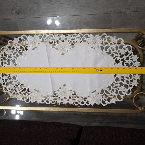 Set of 2 Off White w/ Gold Metallic Thread Trim 12"x27"Decorative Table Runners - Picture 2 of 7